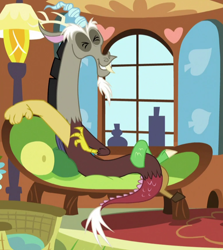 Size: 770x863 | Tagged: safe, derpibooru import, screencap, discord, draconequus, make new friends but keep discord, cropped, fluttershy's cottage (interior), grin, sitting, smiling, sofa, solo