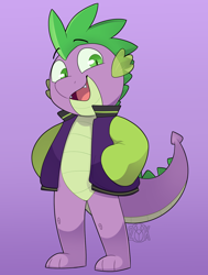 Size: 1180x1561 | Tagged: safe, artist:2k.bugbytes, spike, dragon, clothes, fangs, gradient background, jacket, letterman jacket, male, open mouth, smiling, solo