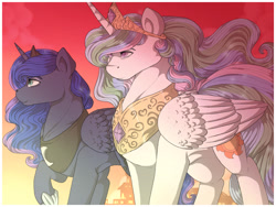 Size: 1280x960 | Tagged: safe, artist:binibean, derpibooru import, princess celestia, princess luna, alicorn, pony, duo, female, mare, royal sisters, siblings, sisters, sunset