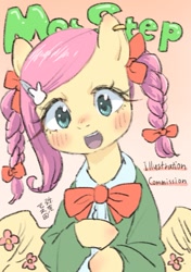 Size: 635x903 | Tagged: safe, artist:yanamosuda, derpibooru import, fluttershy, pegasus, pony, alternate hairstyle, blush sticker, blushing, bow, braid, braided pigtails, cute, daaaaaaaaaaaw, female, gradient background, mare, open mouth, open smile, pigtails, shyabetes, smiling, solo