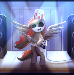 Size: 2940x2982 | Tagged: safe, artist:opal_radiance, derpibooru import, oc, alicorn, pony, buckethead, electric guitar, guitar, musical instrument, performer, solo, stage