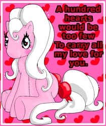 Size: 780x928 | Tagged: safe, artist:noelle23, derpibooru import, oc, oc only, earth pony, pony, g3, blushing, bow, dialogue, female, heart, heart background, heart eyes, mare, sitting, smiling, solo, tail, tail bow, valentine's day card, wingding eyes