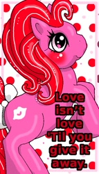 Size: 446x778 | Tagged: safe, artist:noelle23, derpibooru import, oc, oc only, earth pony, pony, g3, blushing, bow, female, mare, rearing, smiling, solo, tail, tail bow, text, valentine's day card