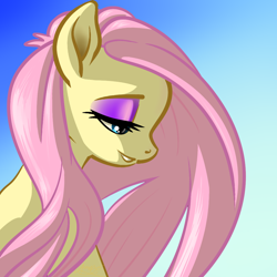 Size: 1080x1080 | Tagged: safe, artist:annacurser, derpibooru import, fluttershy, pegasus, pony, bust, eyeshadow, female, gradient background, lidded eyes, makeup, mare, profile, smiling, solo