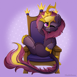 Size: 2500x2500 | Tagged: safe, artist:madelinne, derpibooru import, oc, oc only, kirin, commission, crown, jewelry, kirin oc, leonine tail, regalia, simple background, sitting, solo, tail, throne