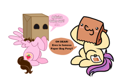 Size: 1148x758 | Tagged: safe, artist:paperbagpony, artist:shinta-girl, derpibooru import, oc, oc:paper bag, oc:shinta pony, collaboration, bag, dialogue, fake cutie mark, oh dear, paper bag, simple background, spanish, white background