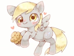 Size: 1024x768 | Tagged: safe, artist:rokka, derpibooru import, derpy hooves, pegasus, pony, blushing, female, food, heart, mare, muffin, simple background, solo, white background