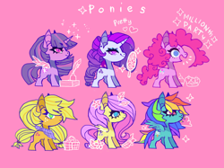 Size: 986x737 | Tagged: safe, artist:batthsalts, derpibooru import, applejack, fluttershy, pinkie pie, rainbow dash, rarity, twilight sparkle, twilight sparkle (alicorn), alicorn, earth pony, pegasus, pony, unicorn, basket, cake, chibi, flower, food, inkwell, leaves, mane six, mirror, pink background, quill, side view, simple background, smiling, text