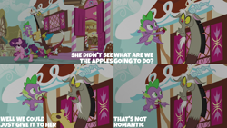 Size: 2000x1125 | Tagged: safe, derpibooru import, edit, edited screencap, editor:quoterific, screencap, discord, spike, sugar belle, draconequus, dragon, pony, unicorn, the big mac question, apple, bag, food, saddle bag, sugarcube corner, winged spike, wings