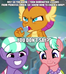 Size: 888x998 | Tagged: safe, derpibooru import, edit, edited screencap, screencap, smolder, what lies beneath, caption, image macro, stepford ponies, text