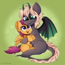 Size: 2500x2500 | Tagged: safe, artist:madelinne, derpibooru import, scootaloo, oc, oc:maverick shadowclaw, bat pony, pegasus, bat pony oc, bat wings, cuddling, duo, female, filly, foal, happy, horns, hug, simple background, wings