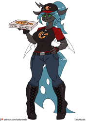 Size: 848x1200 | Tagged: safe, artist:chrysalisdraws, derpibooru import, queen chrysalis, anthro, changeling, changeling queen, unguligrade anthro, baseball cap, boots, cap, clothes, glasses, hand on hip, hat, pizza box, pizza delivery, shoes, simple background, white background