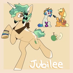 Size: 2000x2000 | Tagged: safe, artist:orionofthestars, derpibooru import, applejack, dj pon-3, vinyl scratch, oc, oc:jubilee, earth pony, pony, unicorn, female, guitar, lesbian, magical lesbian spawn, male, musical instrument, offspring, parents:vinyljack, shipping, trio, vinyljack