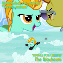 Size: 3072x3072 | Tagged: safe, derpibooru import, edit, edited screencap, editor:itsmgh1203, screencap, lightning dust, spitfire, pegasus, pony, season 3, season 8, the washouts (episode), wonderbolts academy, spoiler:s08, duo, duo female, female, frown, karma, mare, open mouth, open smile, retribution, smiling, spread wings, sunglasses, text, the washouts, wings