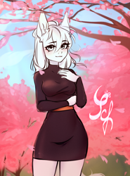 Size: 2216x3000 | Tagged: safe, artist:kutoshi, derpibooru import, anthro, advertisement, cherry blossoms, clothes, commission, dress, female, flower, flower blossom, looking at you, ych sketch, your character here