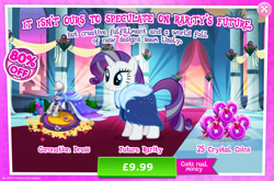 Size: 1962x1298 | Tagged: safe, derpibooru import, rarity, pony, unicorn, advertisement, clothes, costs real money, dress, english, female, gameloft, horn, mannequin, mare, mobile game, my little pony: magic princess, numbers, official, older, older rarity, sale, solo, solo focus, text