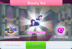 Size: 1268x858 | Tagged: safe, derpibooru import, rarity, pony, unicorn, bundle, clothes, costs real money, dress, english, female, gameloft, horn, mannequin, mare, mobile game, my little pony: magic princess, numbers, official, older, older rarity, sale, solo, solo focus, text