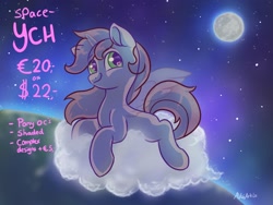 Size: 2000x1500 | Tagged: safe, artist:avui, derpibooru import, oc, alicorn, earth pony, pegasus, pony, unicorn, cloud, commission, moon, solo, space, your character here