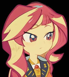 Size: 512x576 | Tagged: safe, artist:luckreza8, derpibooru import, machine learning generated, sunset shimmer, human, equestria girls, anime, black background, female, pinegraph, simple background, solo