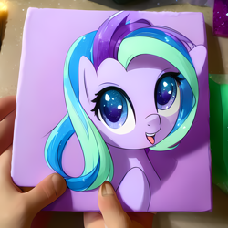 Size: 1280x1280 | Tagged: safe, derpibooru import, editor:felisamafeles, generator:stable diffusion, machine learning generated, pony, acrylic painting, cute, female, looking at you, solo, traditional art