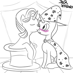 Size: 1000x1000 | Tagged: safe, artist:bifrose, derpibooru import, starlight glimmer, trixie, unicorn, blushing, hat, kiss on the cheek, kissing, magic trick, stage