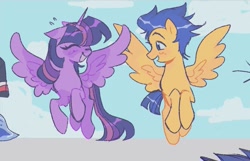 Size: 1061x682 | Tagged: safe, artist:dulcesilly, derpibooru import, flash sentry, twilight sparkle, twilight sparkle (alicorn), alicorn, pegasus, pony, duo, duo male and female, female, flashlight, flying, male, shipping, smiling, straight