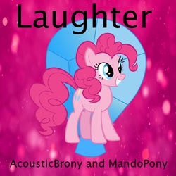 Size: 900x900 | Tagged: safe, artist:aaliyah_rosado, artist:mandopony, artist:user15432, derpibooru import, pinkie pie, earth pony, pony, album, album cover, bokeh, element of laughter, gradient background, laughing, laughter, pink background, simple background, smiling, solo, sparkly background