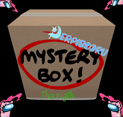 Size: 3888x3688 | Tagged: safe, artist:miky94c, derpibooru exclusive, derpibooru import, pinkie pie, among us, black background, cardboard box, derpibooru, logo, meta, mystery box, simple background