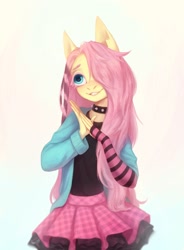 Size: 1588x2160 | Tagged: safe, artist:inarimayer, derpibooru import, fluttershy, anthro, abstract background, blushing, choker, clothes, cute, draw this in your style, dtiys, dtiys emoflat, evening gloves, fingerless elbow gloves, fingerless gloves, gloves, gradient background, hair over one eye, hoodie, long gloves, skirt, solo, spiked choker, striped gloves, sweater, that was fast
