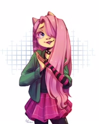 Size: 1722x2160 | Tagged: safe, artist:dinoks paradoks, derpibooru import, fluttershy, anthro, checkered background, choker, clothes, cute, draw this in your style, dtiys, dtiys emoflat, evening gloves, fingerless elbow gloves, fingerless gloves, gloves, hair over one eye, hoodie, long gloves, signature, simple background, skirt, solo, spiked choker, striped gloves, sweater, white background