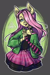 Size: 1443x2160 | Tagged: safe, artist:gigiraffe, derpibooru import, fluttershy, anthro, abstract background, bracelet, choker, circle background, clothes, cute, draw this in your style, dtiys, dtiys emoflat, ear piercing, earring, evening gloves, fingerless elbow gloves, fingerless gloves, gloves, hair over one eye, hoodie, jewelry, long gloves, open mouth, piercing, ring, signature, simple background, skirt, solo, spiked choker, striped gloves, sweater