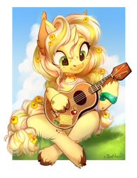 Size: 987x1280 | Tagged: safe, artist:sofiko-ko, derpibooru import, oc, oc only, pony, unicorn, apple, bracelet, choker, cloud, ear fluff, ears, flower, flower in hair, food, grass, horn, jewelry, musical instrument, partial background, peace, playing, sky, small horn, solo, sticker, text, ukulele, unshorn fetlocks