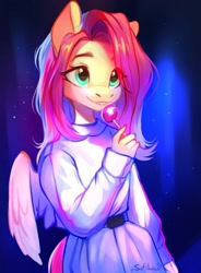 Size: 884x1200 | Tagged: safe, artist:sofiko-ko, derpibooru import, fluttershy, anthro, pegasus, candy, clothes, draw this in your style, dtiys, evening, female, food, holding, lollipop, looking away, mare, open mouth, outdoors, pants, pullover, smiling, solo, standing, three quarter view, winged anthro, wings