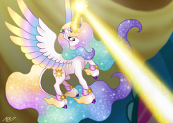 Size: 7016x4961 | Tagged: safe, artist:mesuyoru, derpibooru import, princess celestia, alicorn, a canterlot wedding, action pose, cloven hooves, colored wings, female, floral head wreath, flower, flowing mane, glowing, glowing horn, gradient mane, gradient wings, horn, jewelry, leonine tail, magic, magic aura, mare, screenshot redraw, solo, tail, unshorn fetlocks, wings