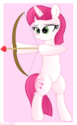 Size: 2476x4008 | Tagged: safe, artist:rainbowšpekgs, derpibooru import, lovestruck, pony, unicorn, arrow, belly, belly button, bipedal, bow (weapon), bow and arrow, cupid, female, solo, standing, weapon