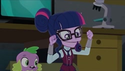 Size: 2157x1221 | Tagged: safe, derpibooru import, screencap, sci-twi, spike, spike the regular dog, twilight sparkle, dog, human, equestria girls, friendship games, clothes, crystal prep academy, crystal prep academy uniform, female, glasses, hair bun, magic capture device, necktie, school, school uniform, schoolgirl, uniform