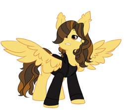 Size: 1340x1182 | Tagged: safe, artist:thieftea, derpibooru import, pegasus, pony, chest fluff, clothes, commission, ear fluff, ears, hair over one eye, jacket, lidded eyes, long mane, long sleeves, long tail, looking up, male, ponified, simple background, solo, species swap, spread wings, stallion, standing, tail, the academy is..., trap, white background, william beckett, wings