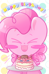 Size: 1200x1800 | Tagged: safe, artist:typhwosion, derpibooru import, pinkie pie, earth pony, pony, ><, birthday, birthday cake, blush sticker, blushing, cake, eyes closed, food, open mouth, open smile, smiling, solo, text