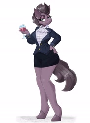 Size: 2200x2992 | Tagged: safe, artist:flutterthrash, derpibooru import, oc, anthro, earth pony, unguligrade anthro, clothes, female, glass, jacket, simple background, skirt, solo, white background, wine glass