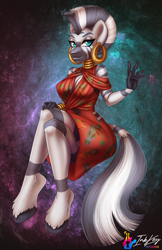 Size: 660x1020 | Tagged: safe, artist:inkkey, derpibooru import, zecora, anthro, unguligrade anthro, zebra, clothes, dress, ear piercing, earring, female, hand, jewelry, looking at you, mohawk, neck rings, piercing, signature, solo, tail, unshorn fetlocks