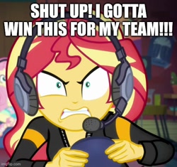 Size: 532x500 | Tagged: safe, derpibooru import, edit, edited screencap, screencap, fluttershy, sunset shimmer, human, equestria girls, cropped, gaming, rageset shimmer, solo focus