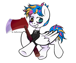 Size: 1200x1000 | Tagged: safe, artist:sadfloorlamp, derpibooru import, pegasus, pony, awsten knight, axe, bags under eyes, clothes, commission, dyed mane, dyed tail, grin, heterochromia, holding, horseshoes, jewelry, looking at you, male, necklace, partially open wings, ponified, shirt, shrunken pupils, simple background, smiling, solo, species swap, stallion, t-shirt, tail, transparent background, underhoof, waterparks, weapon, wings