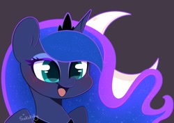 Size: 2048x1449 | Tagged: safe, artist:sakukitty, derpibooru import, princess luna, bust, happy, moon, open mouth, simple background, solo