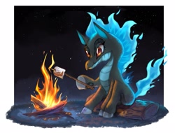 Size: 2048x1560 | Tagged: safe, artist:luo_qiangwei, derpibooru import, tianhuo, dragon, hybrid, longma, them's fightin' herds, alternate color palette, campfire, community related, female, food, mane of fire, marshmallow, solo, stars, tail, tail of fire