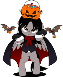 Size: 4071x5000 | Tagged: safe, alternate version, artist:jhayarr23, derpibooru import, bat, pegasus, pony, undead, vampire, bipedal, candy, cape, clothes, commission, ears, fangs, floppy ears, folded wings, food, gerard way, halloween, holiday, jack-o-lantern, looking at you, male, moon, my chemical romance, night, night sky, ponified, pumpkin, pumpkin bucket, simple background, sky, solo, species swap, stallion, transparent background, tree, wings, ych result