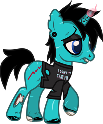Size: 994x1199 | Tagged: safe, artist:lightningbolt, derpibooru exclusive, derpibooru import, pony, undead, unicorn, zombie, zombie pony, .svg available, as it is, bags under eyes, bloodshot eyes, bone, chipped tooth, clothes, colored pupils, dyed mane, dyed tail, ear piercing, earring, eyeshadow, gauges, glasgow smile, glowing, glowing horn, hair over one eye, hole in horn, hoof polish, horn, horn piercing, jewelry, lidded eyes, makeup, male, nose piercing, painted horn, patty walters, piercing, ponified, raised hoof, raised leg, scar, shirt, simple background, solo, species swap, stallion, stitches, svg, t-shirt, tail, tattoo, torn clothes, torn ear, transparent background, vector, walking