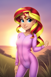 Size: 512x768 | Tagged: safe, derpibooru import, generator:novelai, generator:stable diffusion, machine learning generated, sunset shimmer, human, onesie, sunset