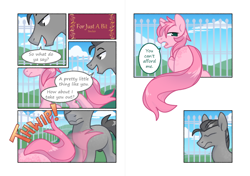 Size: 1280x902 | Tagged: safe, artist:sinclair2013, derpibooru import, oc, oc:blossom branch, oc:generic grey, pony, unicorn, comic, duo, male, nudity, sheath, stallion