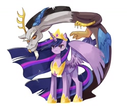 Size: 1254x1046 | Tagged: safe, artist:plusplus_pony, derpibooru import, discord, princess twilight 2.0, twilight sparkle, twilight sparkle (alicorn), alicorn, draconequus, pony, the last problem, antlers, crown, duo, duo male and female, female, future twilight, horn, jewelry, male, mare, older, older twilight, regalia, simple background, white background