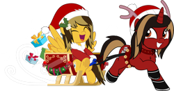Size: 5000x2610 | Tagged: safe, artist:jhayarr23, derpibooru import, pegasus, pony, unicorn, alex gaskarth, all time low, antlers, bell, boots, cheek fluff, chest fluff, christmas, clothes, commission, costume, duo, duo male, dyed mane, dyed tail, eyes closed, gloves, grin, happy, hat, holiday, holly, hoof fluff, hoof hold, horn, jack barakat, looking back, male, open mouth, ponified, present, running, santa costume, santa hat, shoes, simple background, sitting, sled, smiling, species swap, spread wings, stallion, tail, transparent background, wings, ych result